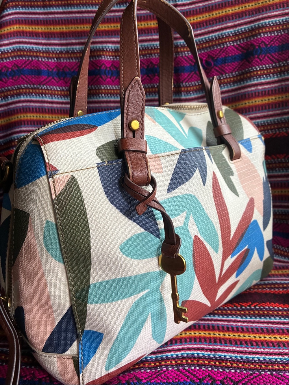 Fossil Multicolor Leaf-Print Satchel with Brown Trim